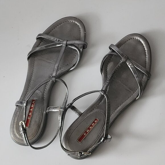 Prada Silver Metallic Leather Sandals - Picture 1 of 6
